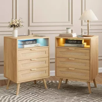 Boho Rattan Nightstand: Charging, LED Glow & 3 Drawers