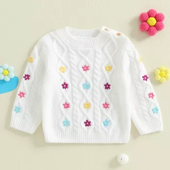 Toddler Girls Knit Sweater: Floral Embroidery Pullover